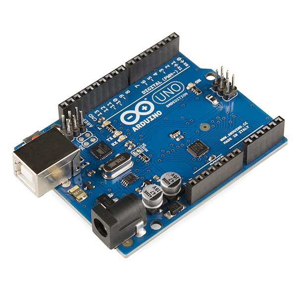 Arduino Uno R3 보드. 가운데 검은 칩이 ATmega328P MCU 이고, 그 안에 CPU·Flash·SRAM·주변장치가 전부 들어 있다.